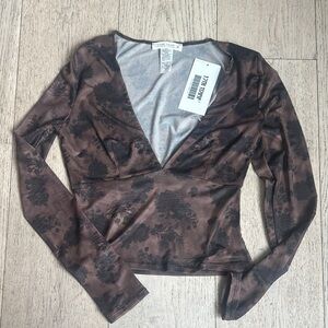 12th Tribe Brown and Black Floral Long Sleeve V-Neck Top